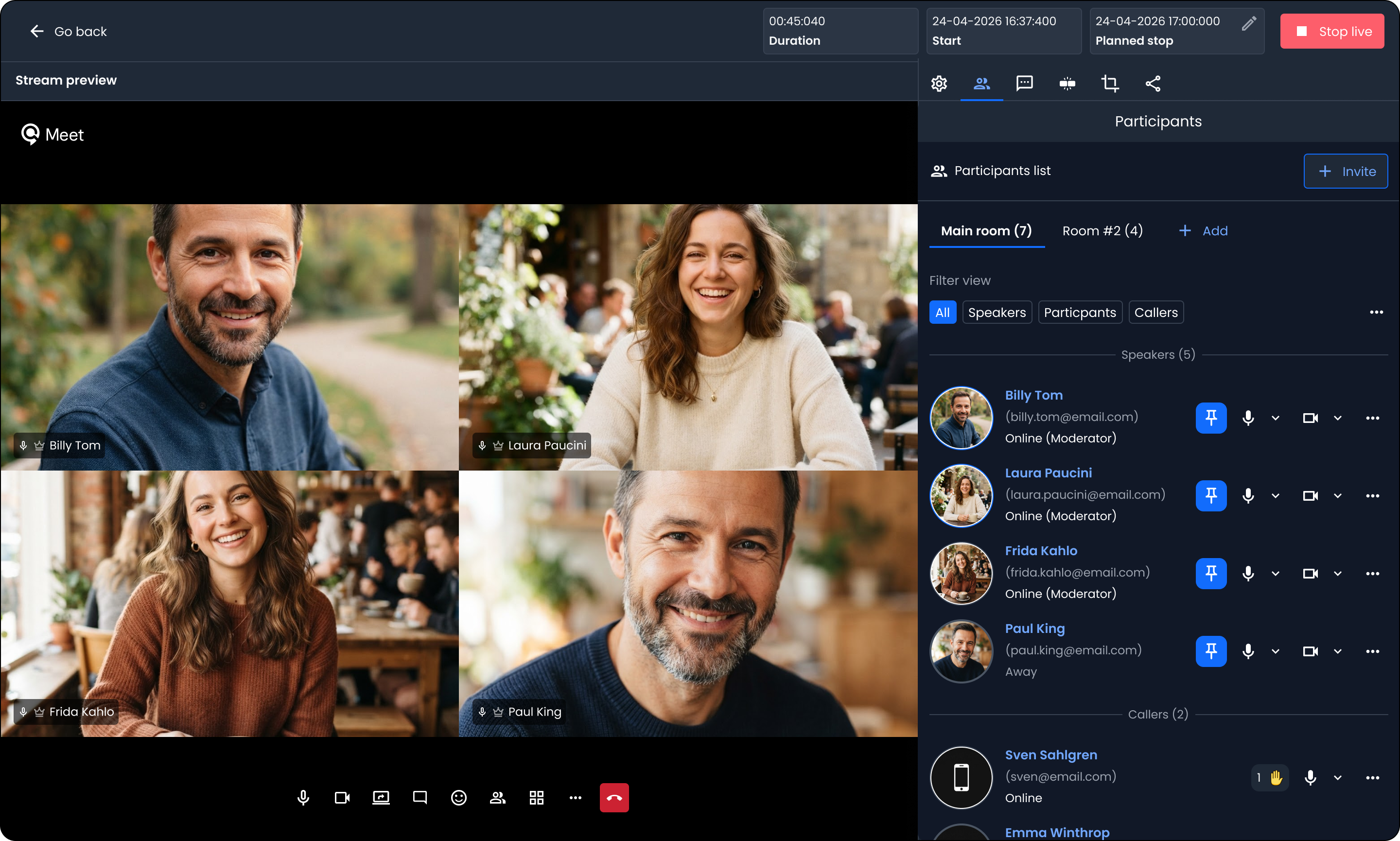 Operators view in the live management tool — participants list